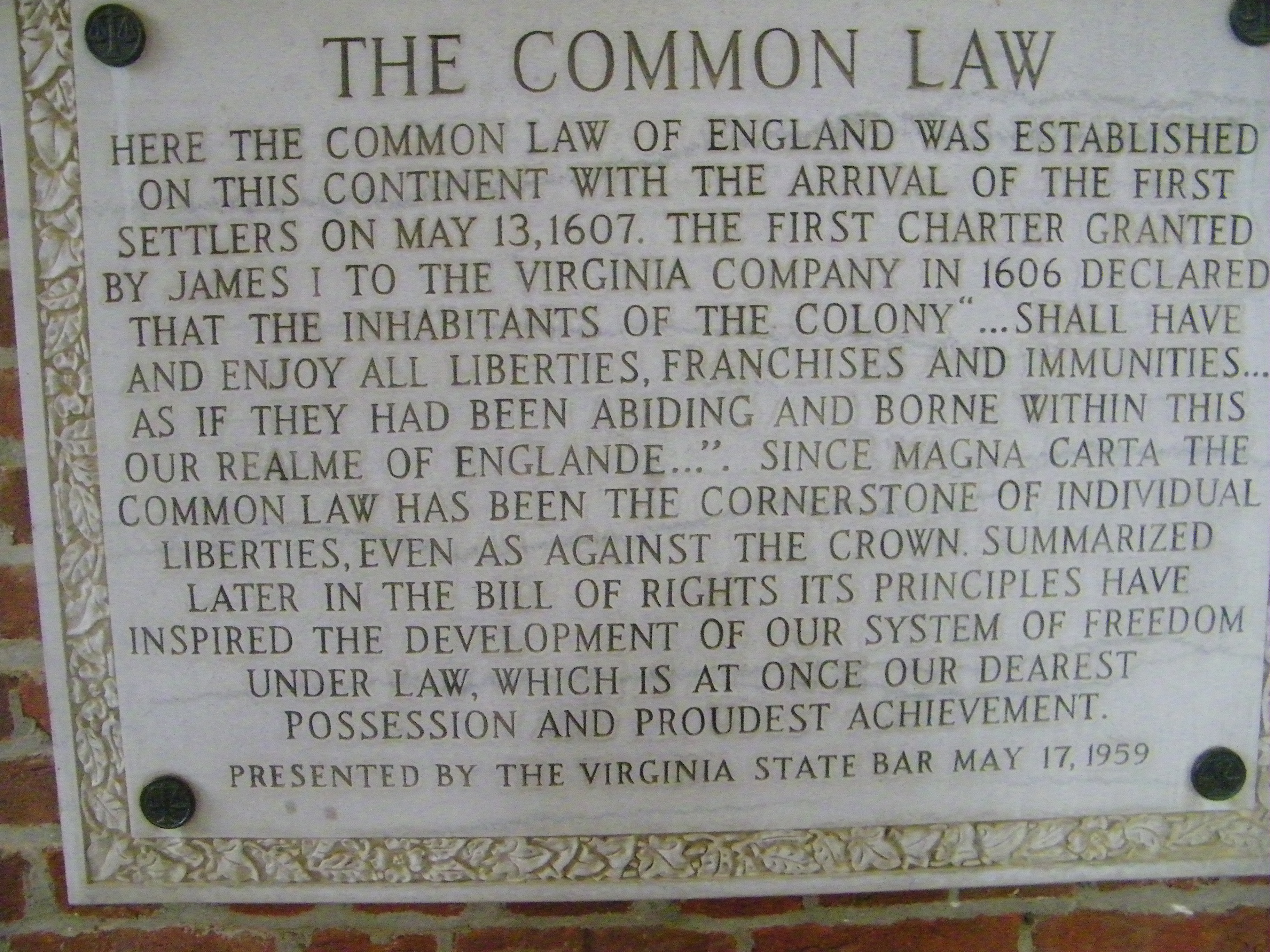 A photo of a plaque in Jamestown Church on the grounds of Historic Jamestowne